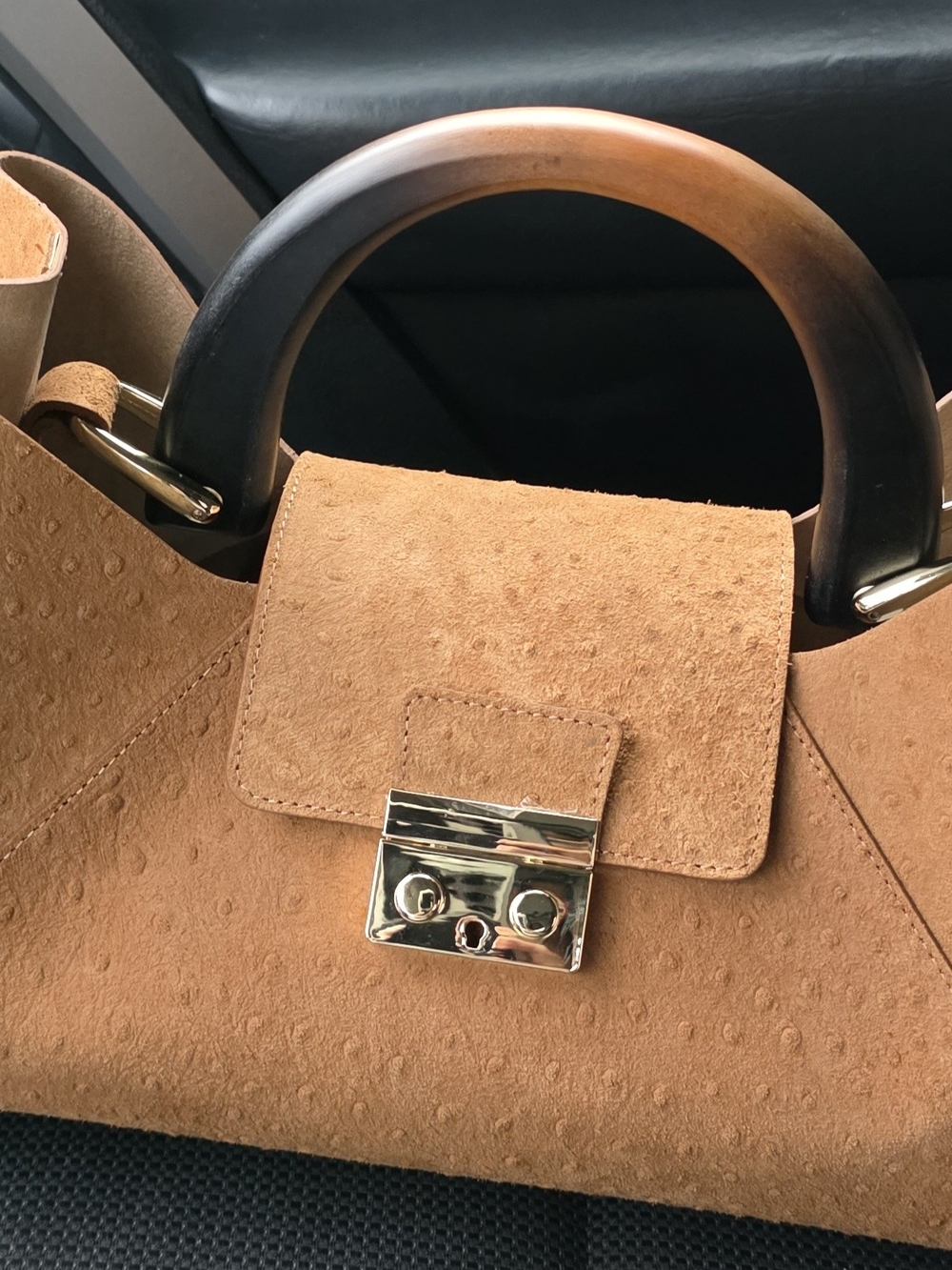 Suede Top-Handle Tote in Tan with Dark Wood Handle